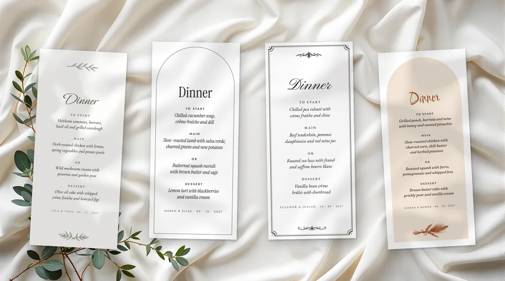 The dinner menu in all four designs: Olive Grove, Meridian, Copperplate and Wild Pampas