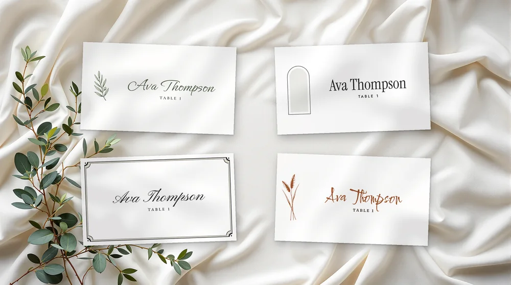 The place & escort cards in all four designs: Olive Grove, Meridian, Copperplate and Wild Pampas