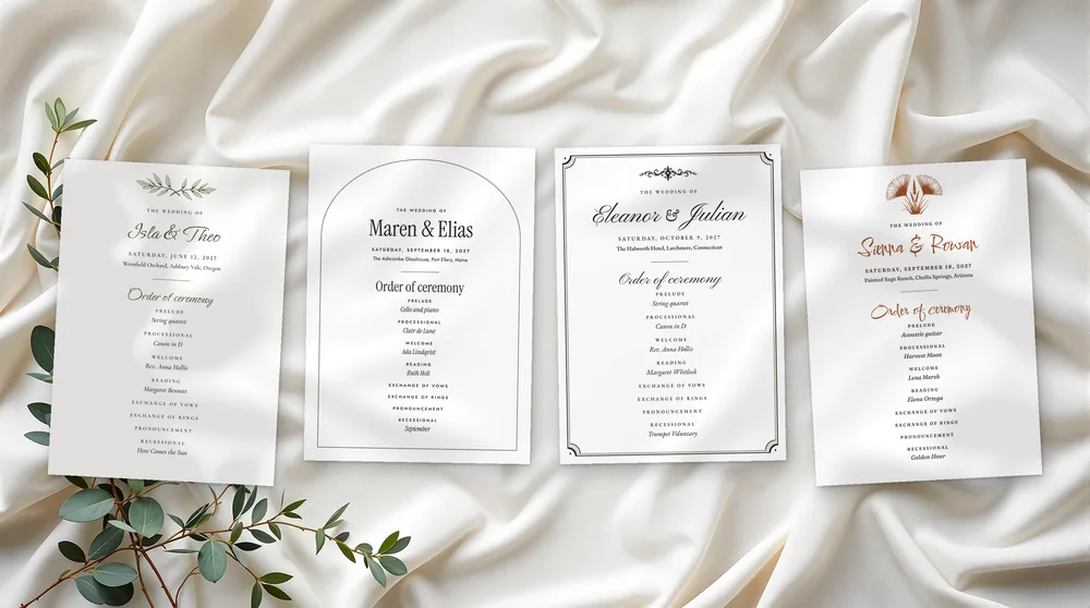 The ceremony program in all four designs: Olive Grove, Meridian, Copperplate and Wild Pampas