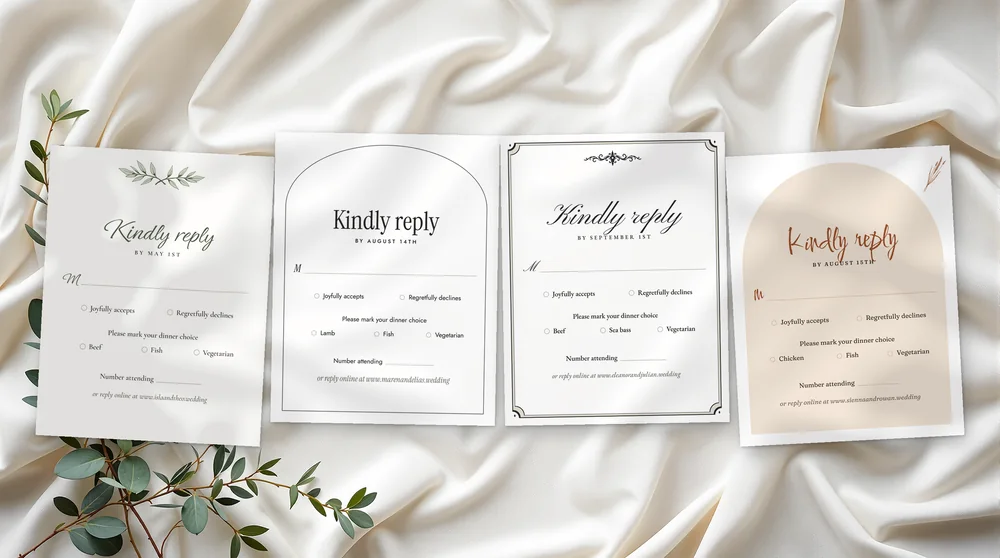 The RSVP card in all four designs: Olive Grove, Meridian, Copperplate and Wild Pampas
