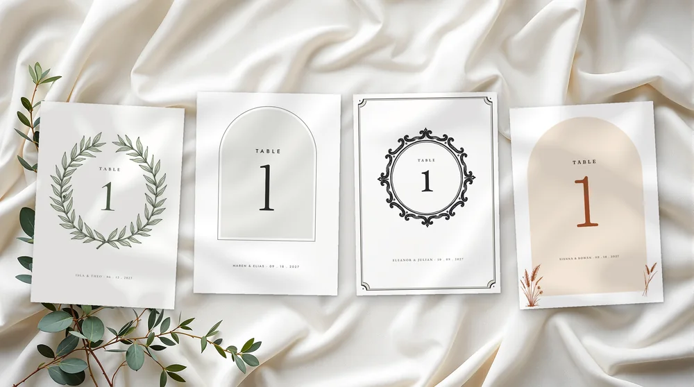 The table numbers in all four designs: Olive Grove, Meridian, Copperplate and Wild Pampas