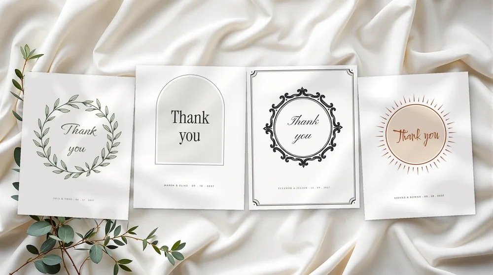 The thank-you card in all four designs: Olive Grove, Meridian, Copperplate and Wild Pampas