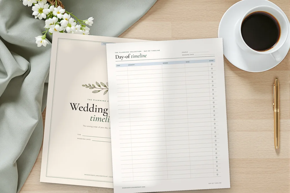 The free day-of timeline: cover and timeline page printed on a desk