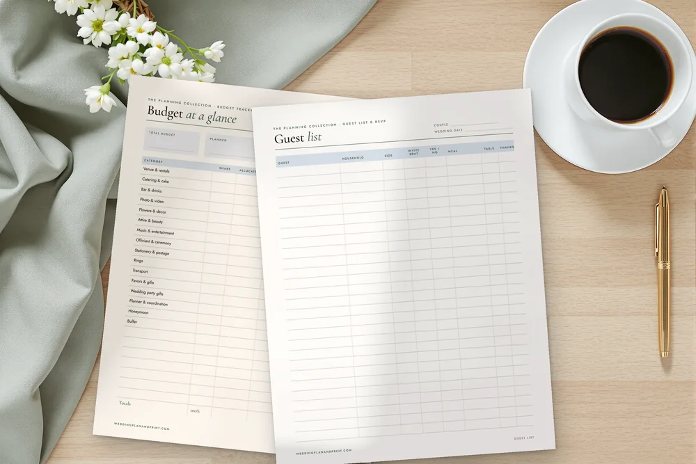 Printed budget and guest list pages on a desk