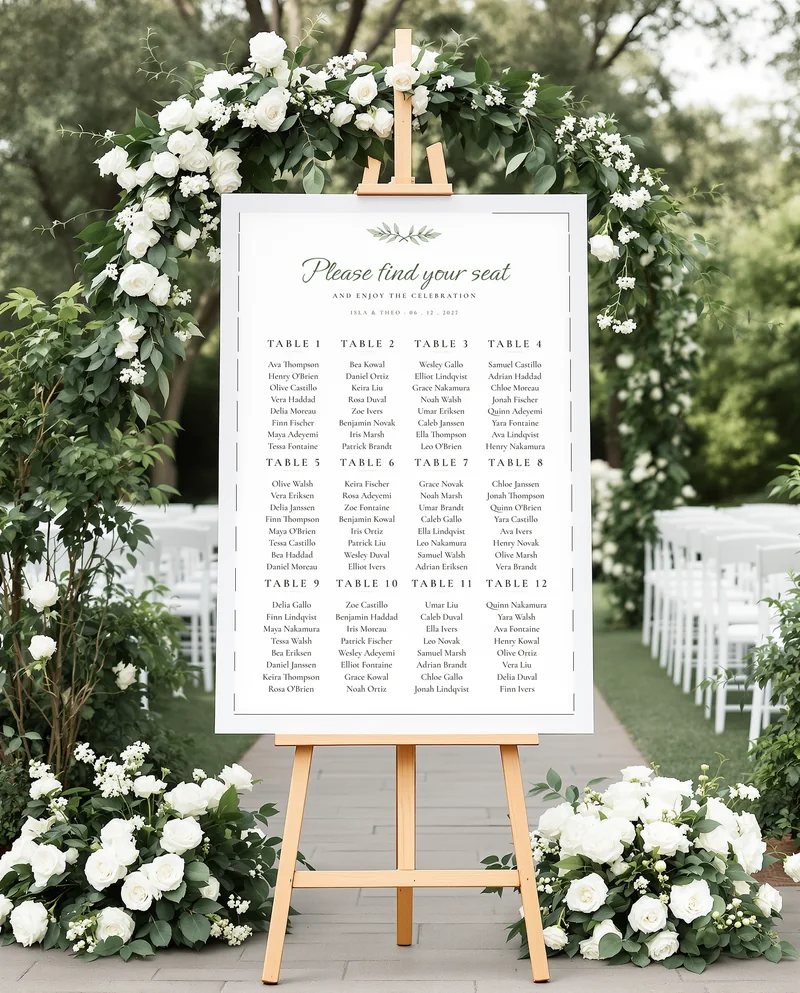 A seating chart poster on a wooden easel at a garden wedding