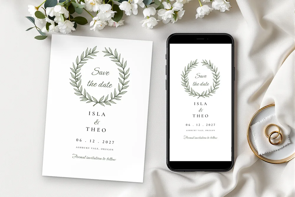 A printed save the date card next to a phone showing the digital save the date