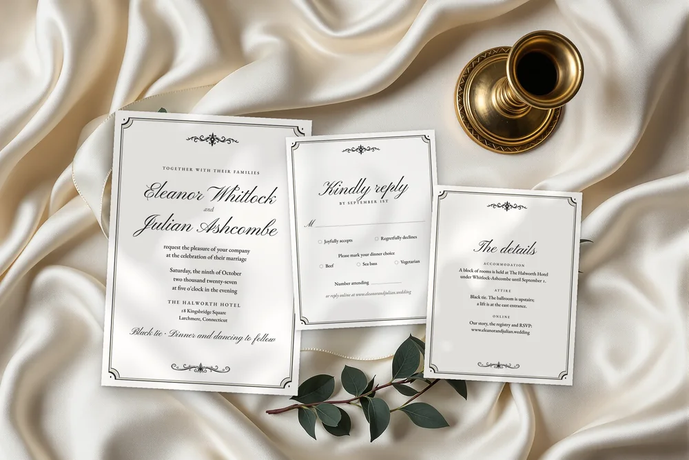 Copperplate invitation, RSVP card and details card