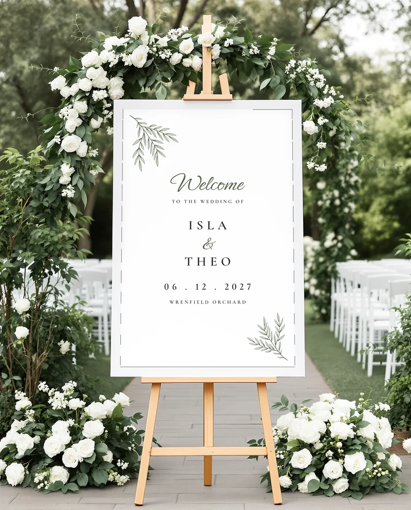 A welcome sign poster on a wooden easel at a garden wedding entrance